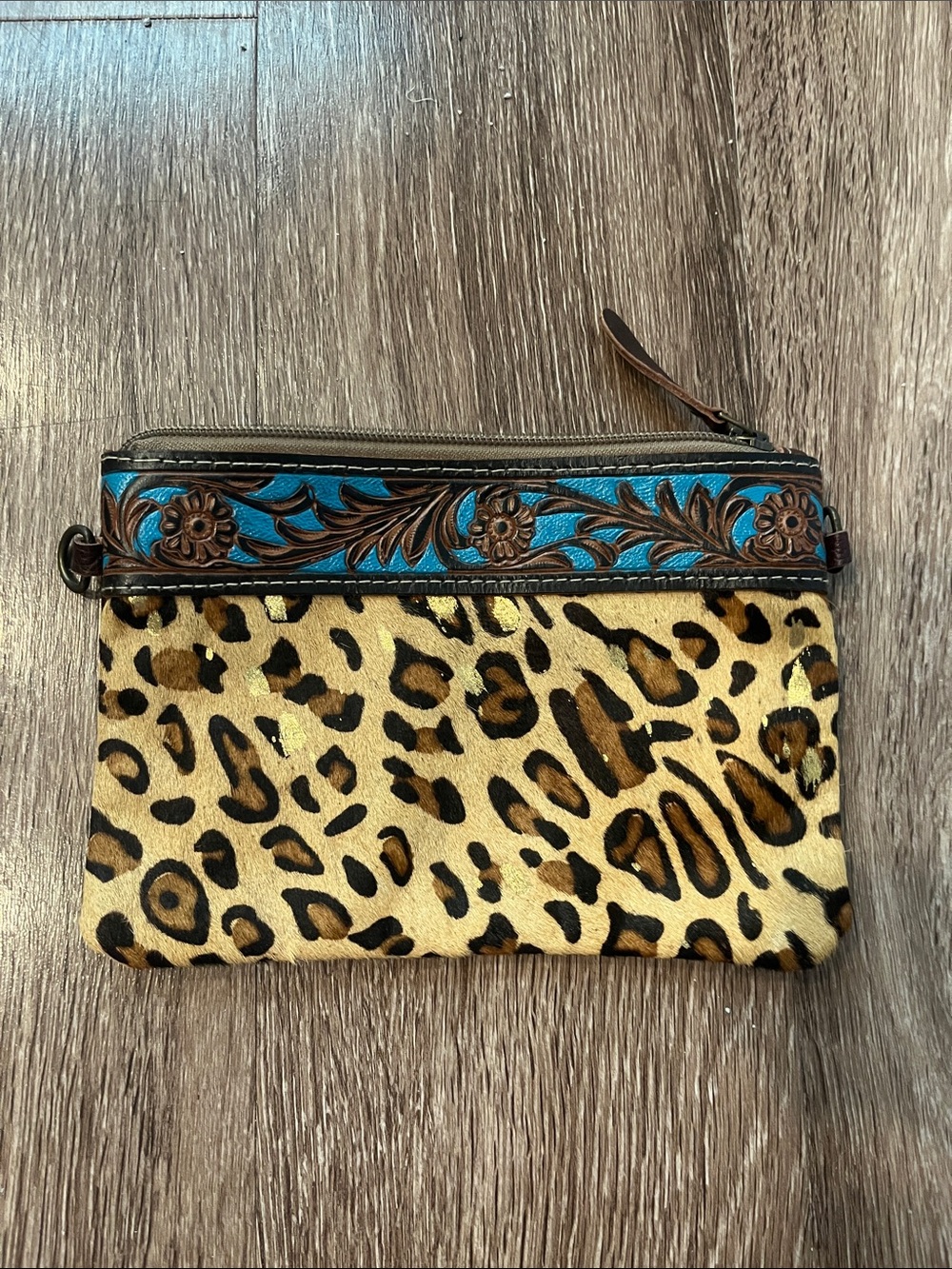 Myra Bag Leopard Print Wristlet Clutch with Turquoise Tooled Trim